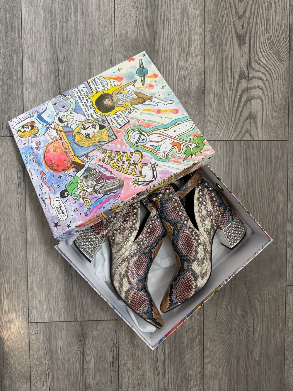 Jeffrey Campbell Multicolor Snake-Print Studded Block Heel Ankle Boots